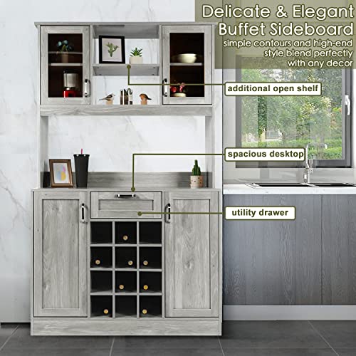 OKL Kitchen Pantry Storage Cabinet, Traditional 71" Freestanding Kitchen Buffet with Hutch with Countertop & Shelves, Kitchen Pantry Cupboard Cabinets with Wine Rack Drawer for Home Hallway(Gery)