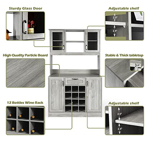 OKL Kitchen Pantry Storage Cabinet, Traditional 71" Freestanding Kitchen Buffet with Hutch with Countertop & Shelves, Kitchen Pantry Cupboard Cabinets with Wine Rack Drawer for Home Hallway(Gery)