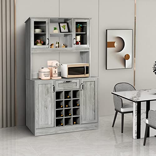 OKL Kitchen Pantry Storage Cabinet, Traditional 71" Freestanding Kitchen Buffet with Hutch with Countertop & Shelves, Kitchen Pantry Cupboard Cabinets with Wine Rack Drawer for Home Hallway(Gery)