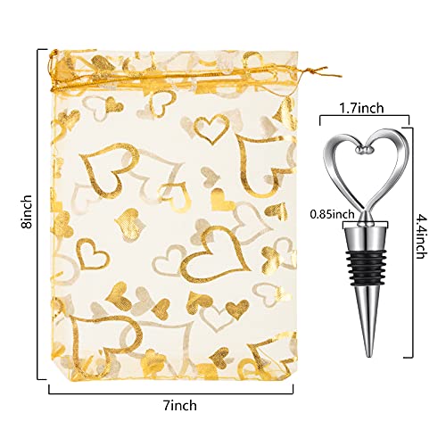 50 Heart Wine Stoppers with Golden Organza Bags