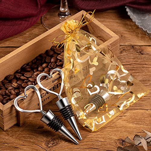 50 Heart Wine Stoppers with Golden Organza Bags
