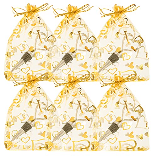 50 Heart Wine Stoppers with Golden Organza Bags