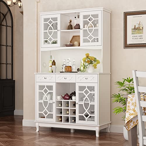 Freestanding Kitchen Cabinet with Wine Rack & Glass Doors