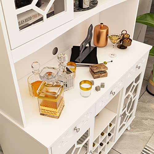 Freestanding Kitchen Cabinet with Wine Rack & Glass Doors