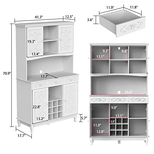 Freestanding Kitchen Cabinet with Wine Rack & Glass Doors
