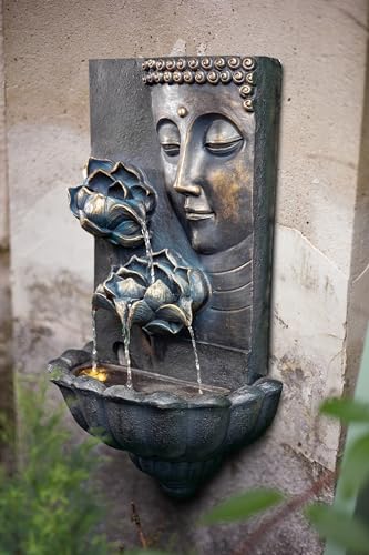Zen Buddha Face Lotus Outdoor Water Fountain, 32.3" Tall