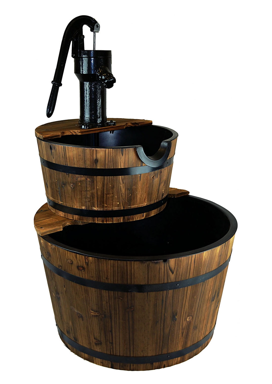 2-Tier Wood Barrel Fountain | 37.5" Tall Garden Fountain