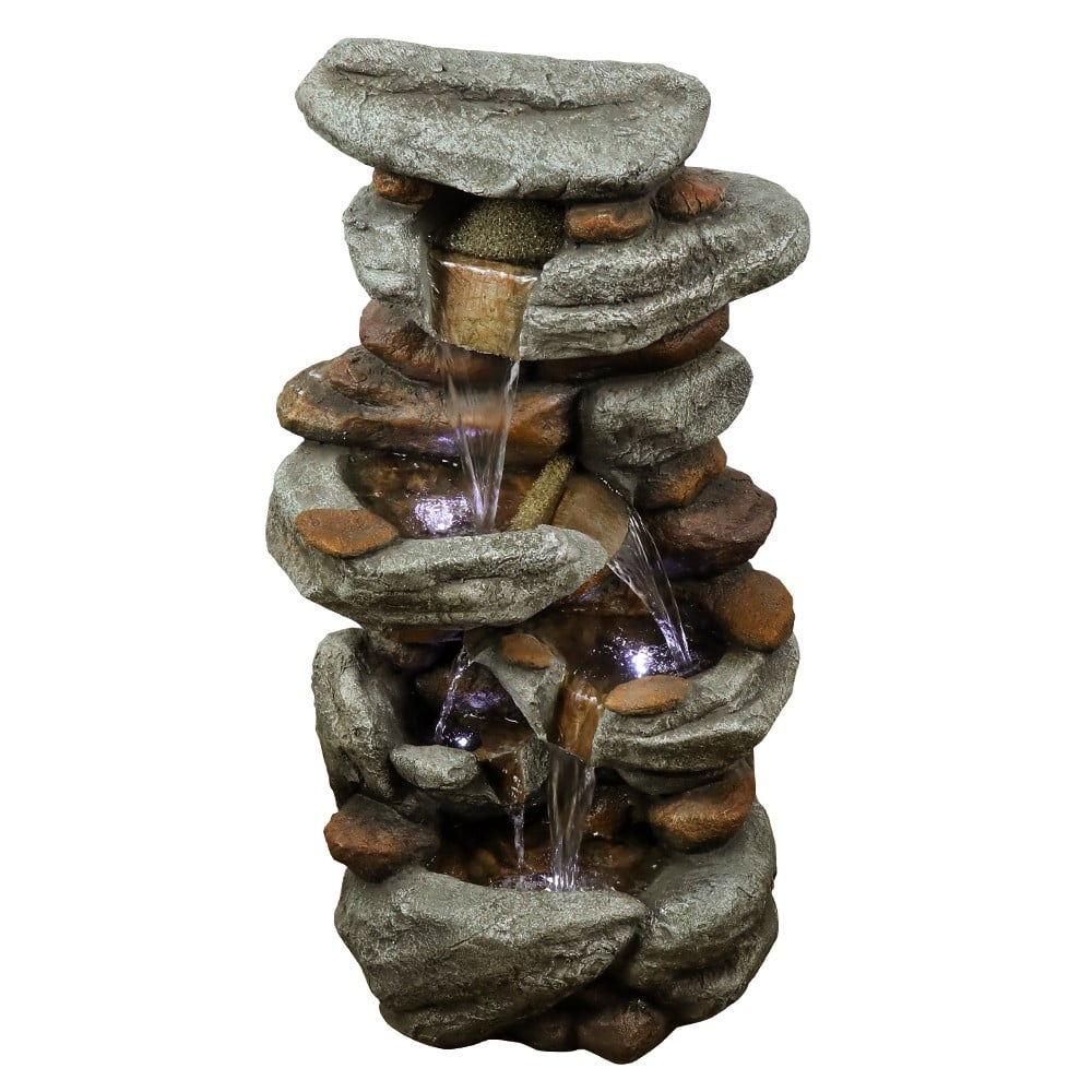 4-Tier Rock Water Fountain with LED Lights - Outdoor Decor