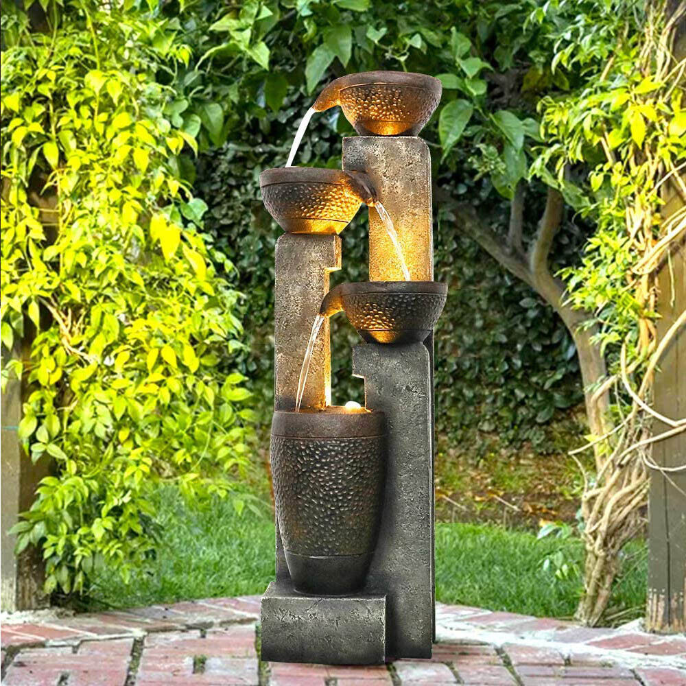4-tier Resin Waterfall Fountain with LED Light for Garden