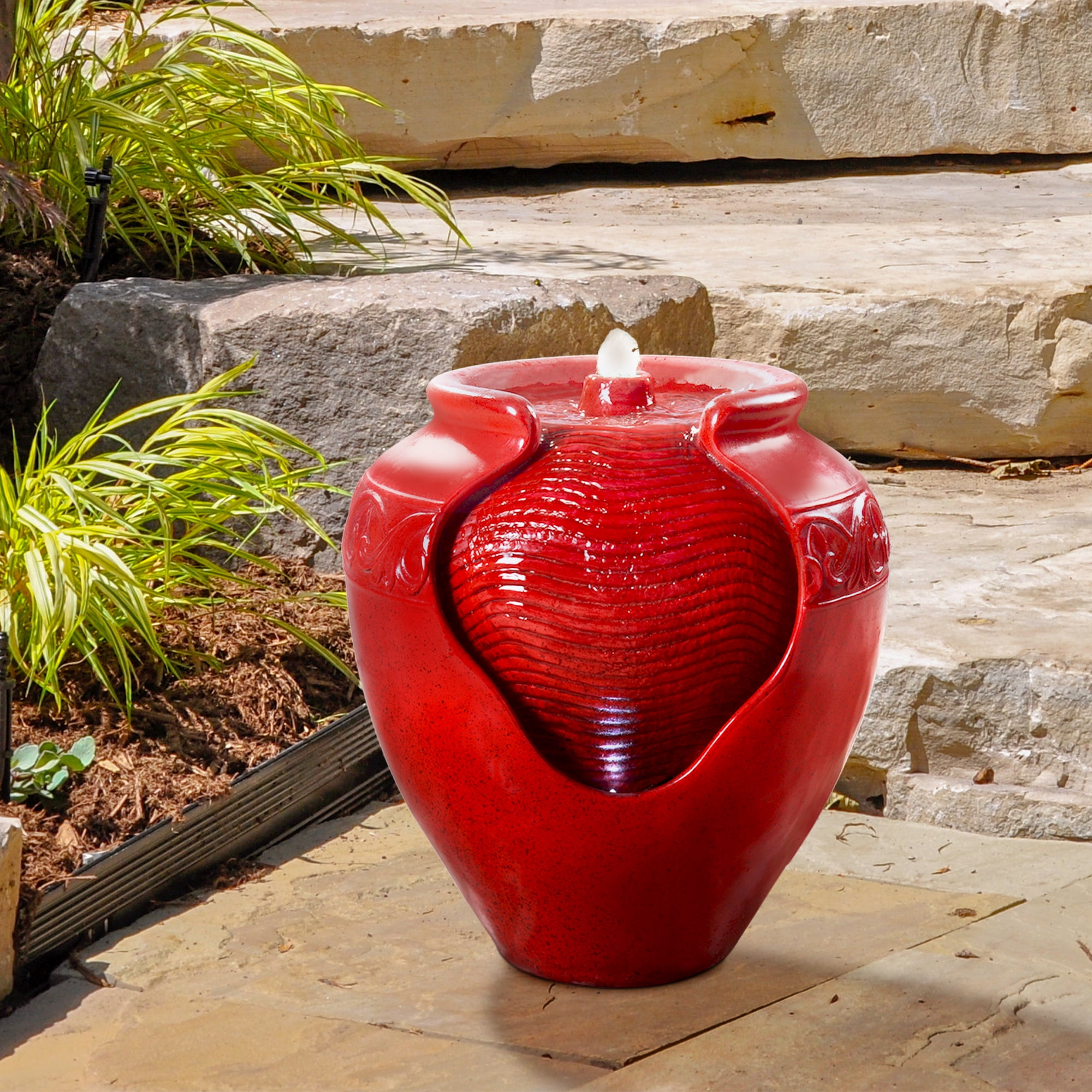 Teamson Home Glazed Pot Outdoor Fountain with LED