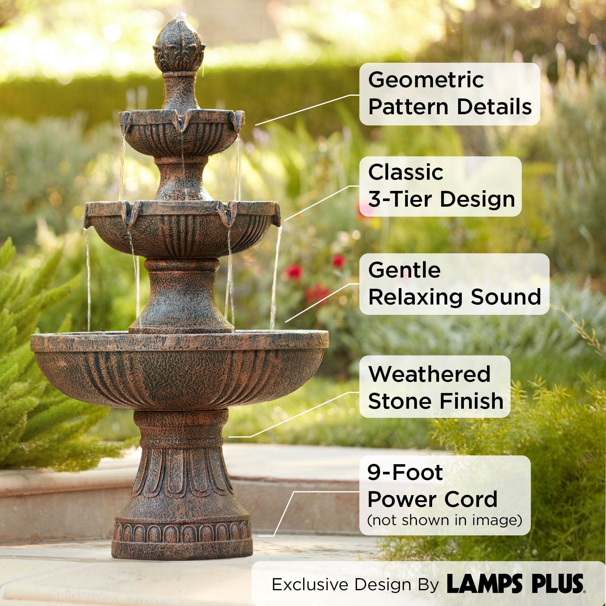 Rustic 3 Tier Cascading Water Fountain for Outdoor Décor