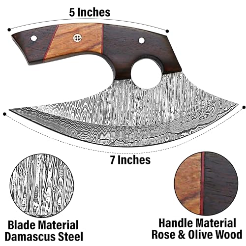 Handmade Damascus ULU Knife with Leather Sheath
