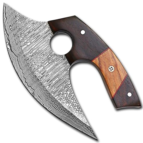 Handmade Damascus ULU Knife with Leather Sheath