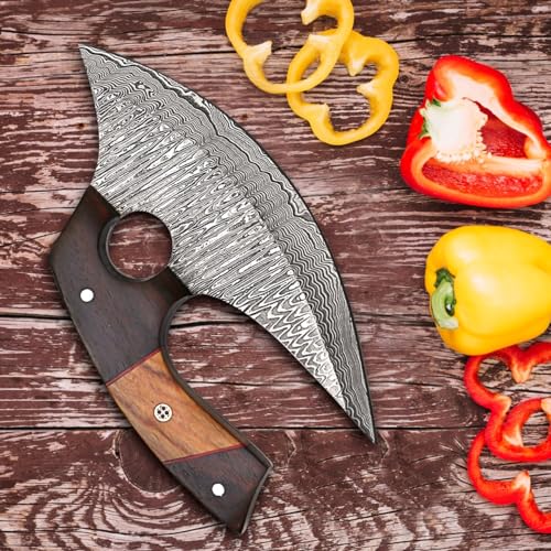 Handmade Damascus ULU Knife with Leather Sheath
