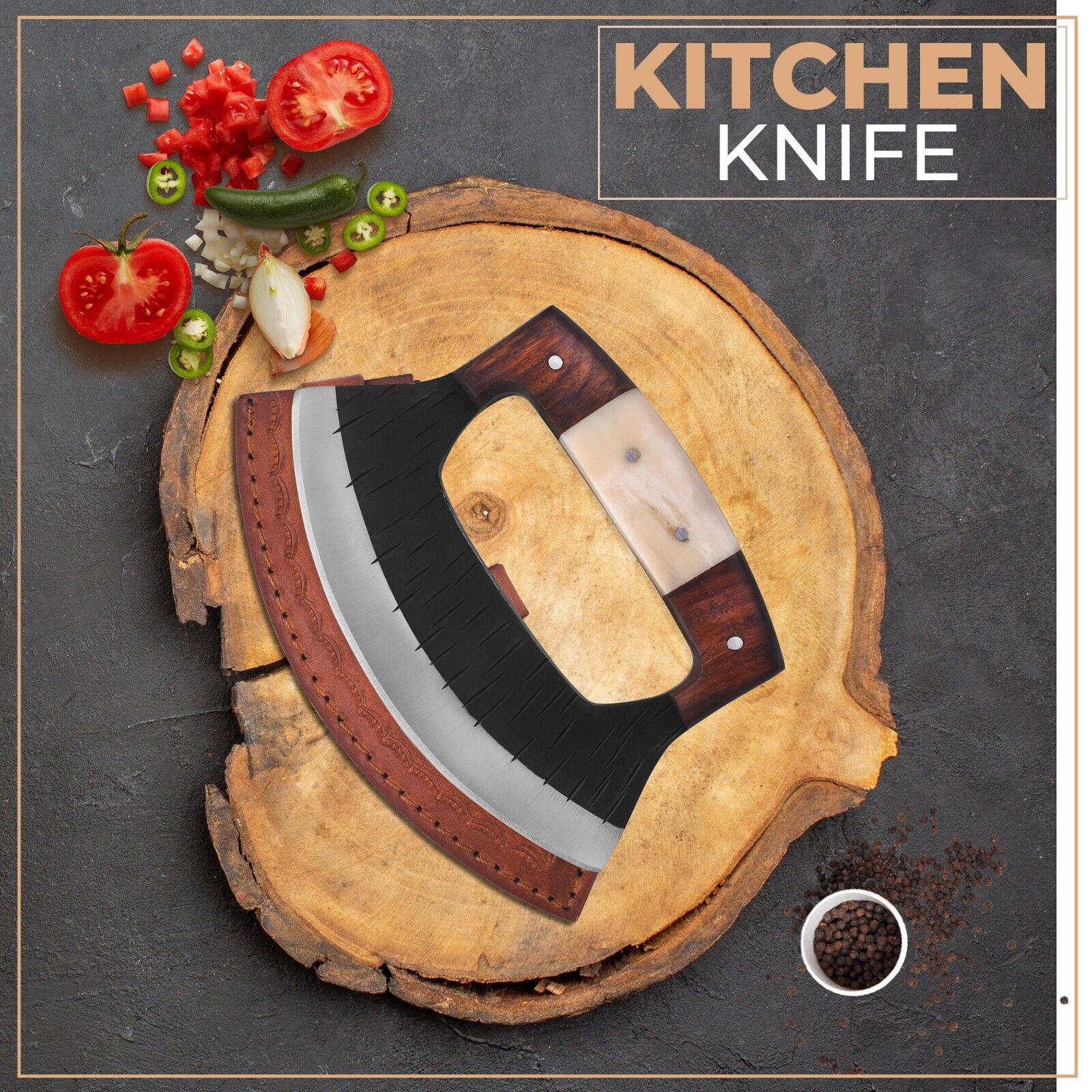 Custom Handmade Damascus Ulu Knife with Wood Handle