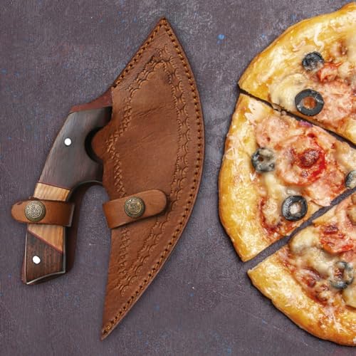 Handmade Damascus ULU Knife with Leather Sheath
