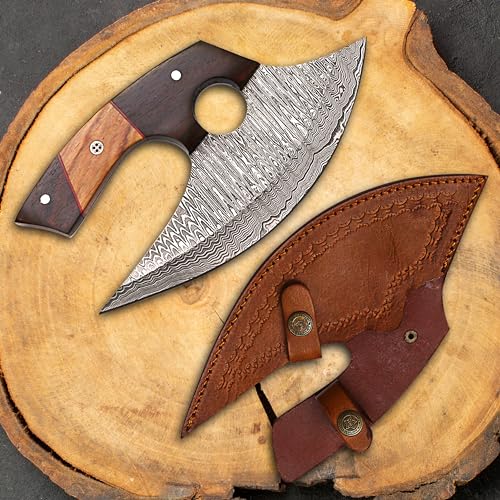 Handmade Damascus ULU Knife with Leather Sheath