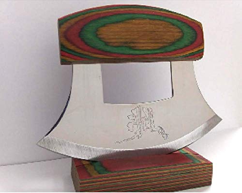 Exotic Wood Multi-Colored Ulu Knife with Stand
