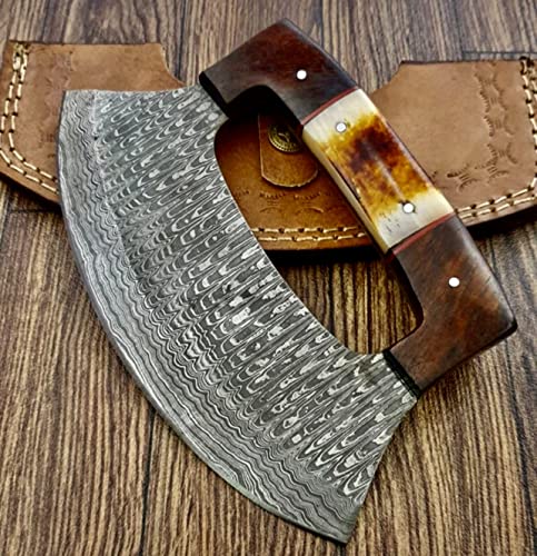 Handmade Damascus Ulu Knife with Wood Handle