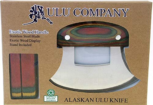 Exotic Wood Multi-Colored Ulu Knife with Stand