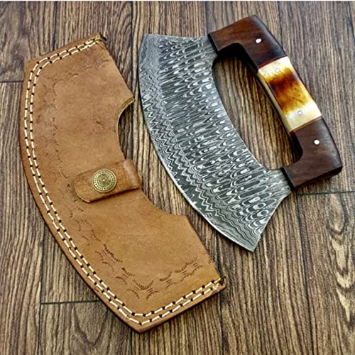 Handmade Damascus Ulu Knife with Wood Handle