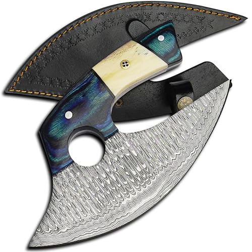 Damascus Ulu Knife with Leather Sheath - 7.4