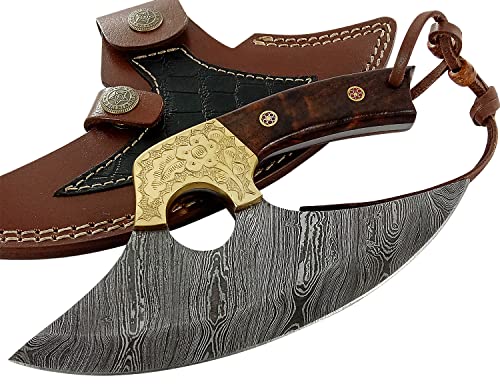 Damascus Steel Alaskan Ulu Knife with Burl Handle