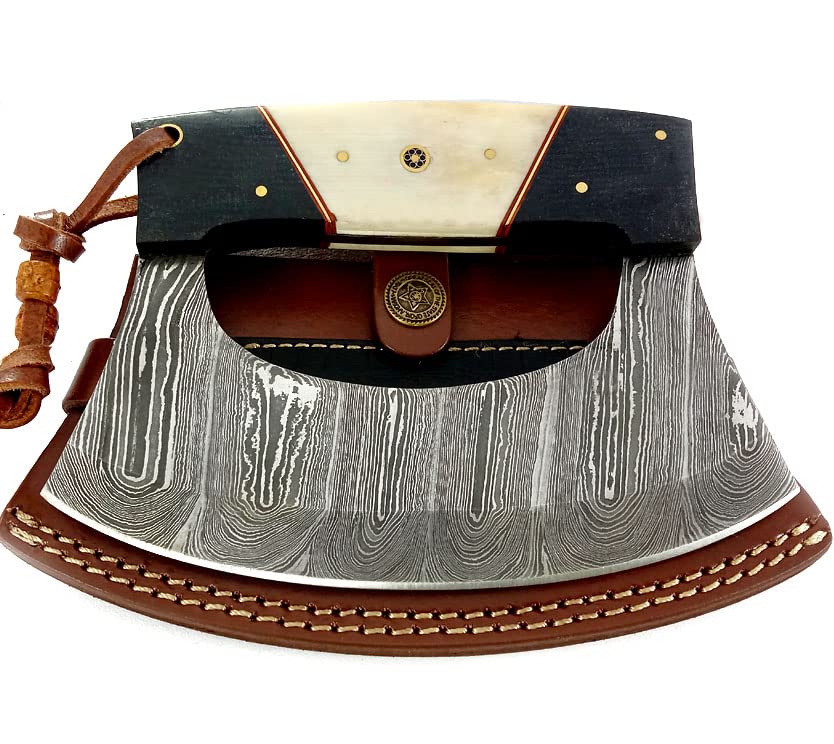 Damascus Steel Alaskan Ulu Knife with Leather Sheath
