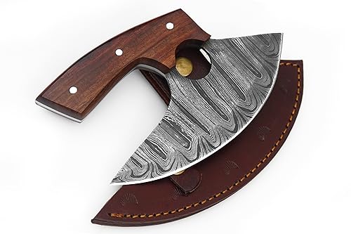 Damascus Ulu Knife with Sheath and Rosewood Handle