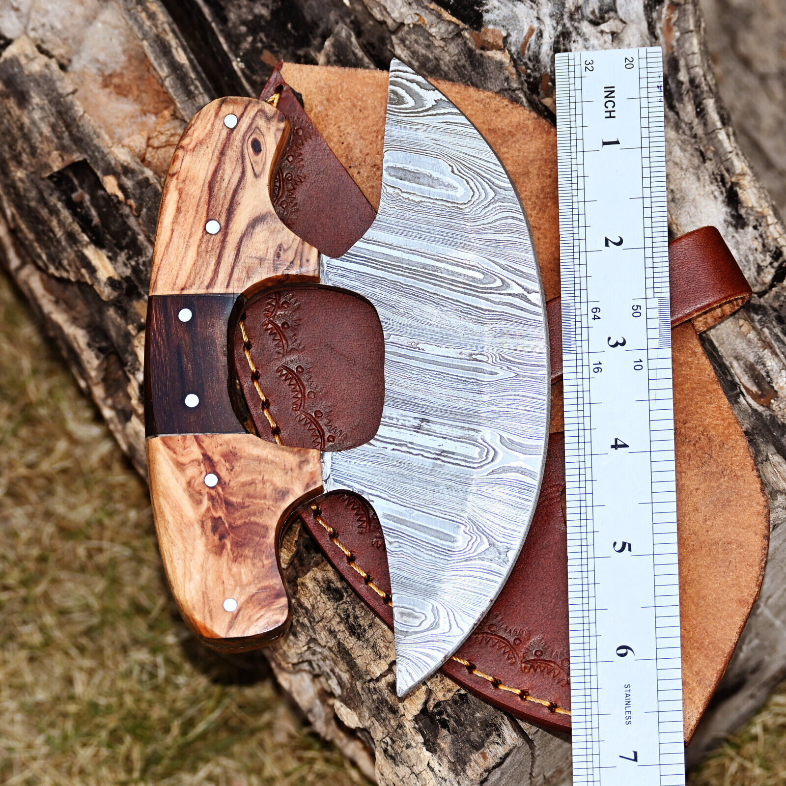 Hand Forged Damascus Steel Ulu Knife Pizza Cutter