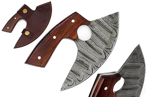 Damascus Ulu Knife with Sheath and Rosewood Handle