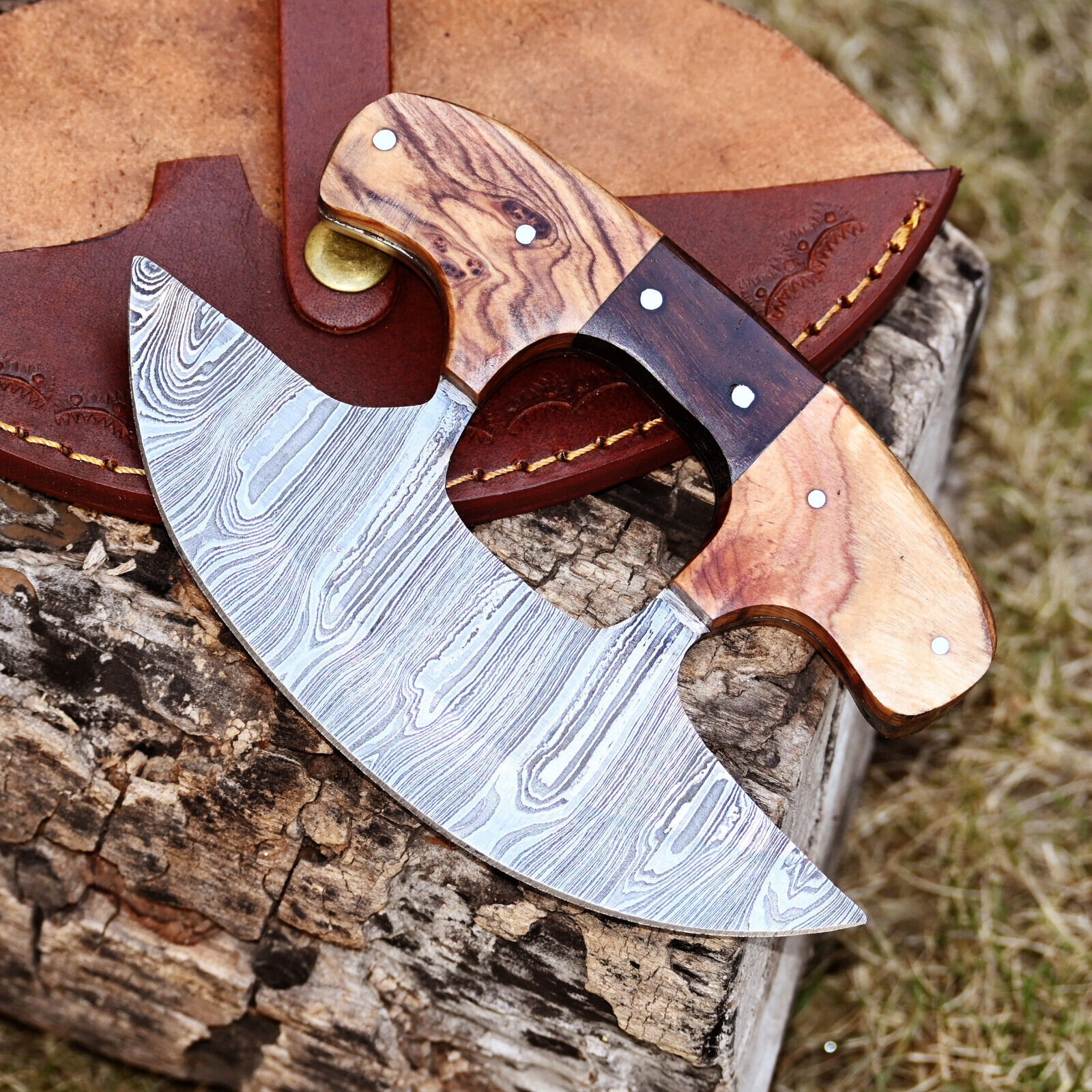 Hand Forged Damascus Steel Ulu Knife Pizza Cutter