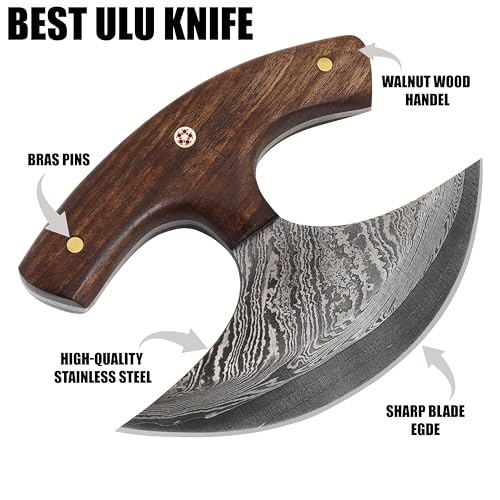 Custom Damascus Steel Ulu Knife with Sheath