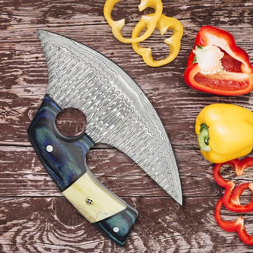 Damascus Ulu Knife with Leather Sheath - 7.4