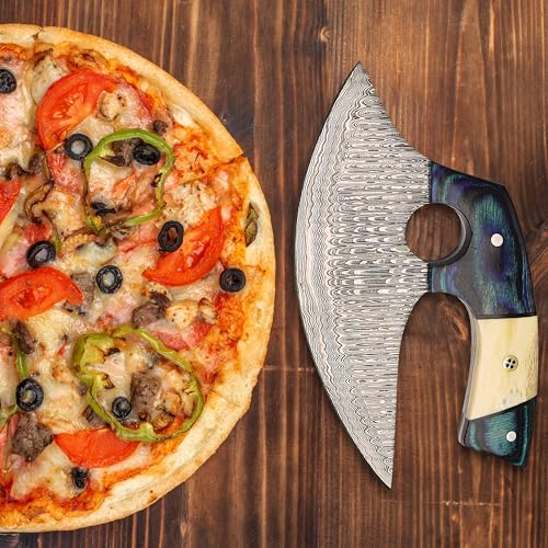 Damascus Ulu Knife with Leather Sheath - 7.4