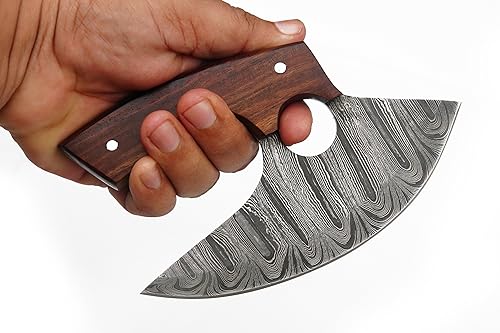 Damascus Ulu Knife with Sheath and Rosewood Handle
