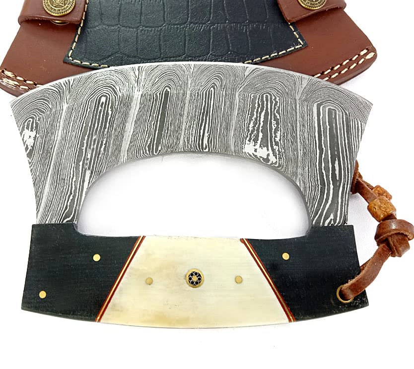 Damascus Steel Alaskan Ulu Knife with Leather Sheath