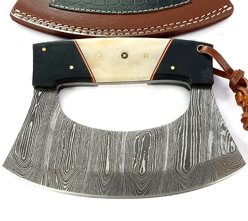 Damascus Steel Alaskan Ulu Knife with Leather Sheath