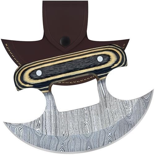 Damascus Steel Ulu Knife with Sheath and Handle