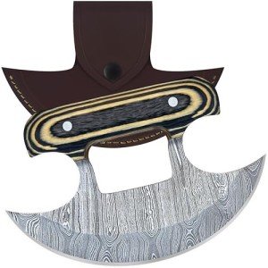 Damascus Steel Ulu Knife with Sheath and Handle