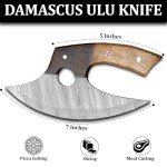 Damascus Ulu Knife with Leather Sheath - Ash Wood