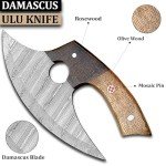 Damascus Ulu Knife with Leather Sheath - Ash Wood