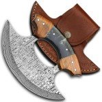 Damascus Ulu Knife with Leather Sheath & Handle