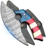 Damascus Ulu Knife with Leather Sheath - American Flag