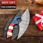 Damascus Ulu Knife with Leather Sheath - American Flag