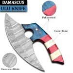 Damascus Ulu Knife with Leather Sheath - American Flag