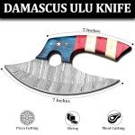 Damascus Ulu Knife with Leather Sheath - American Flag