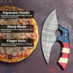 Damascus Ulu Knife with Leather Sheath - American Flag