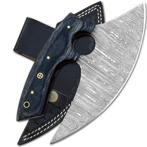 Damascus Ulu Knife with Leather Sheath - 7 Inch