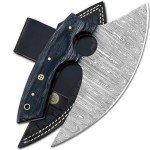 Damascus Ulu Knife with Leather Sheath - 7 Inch